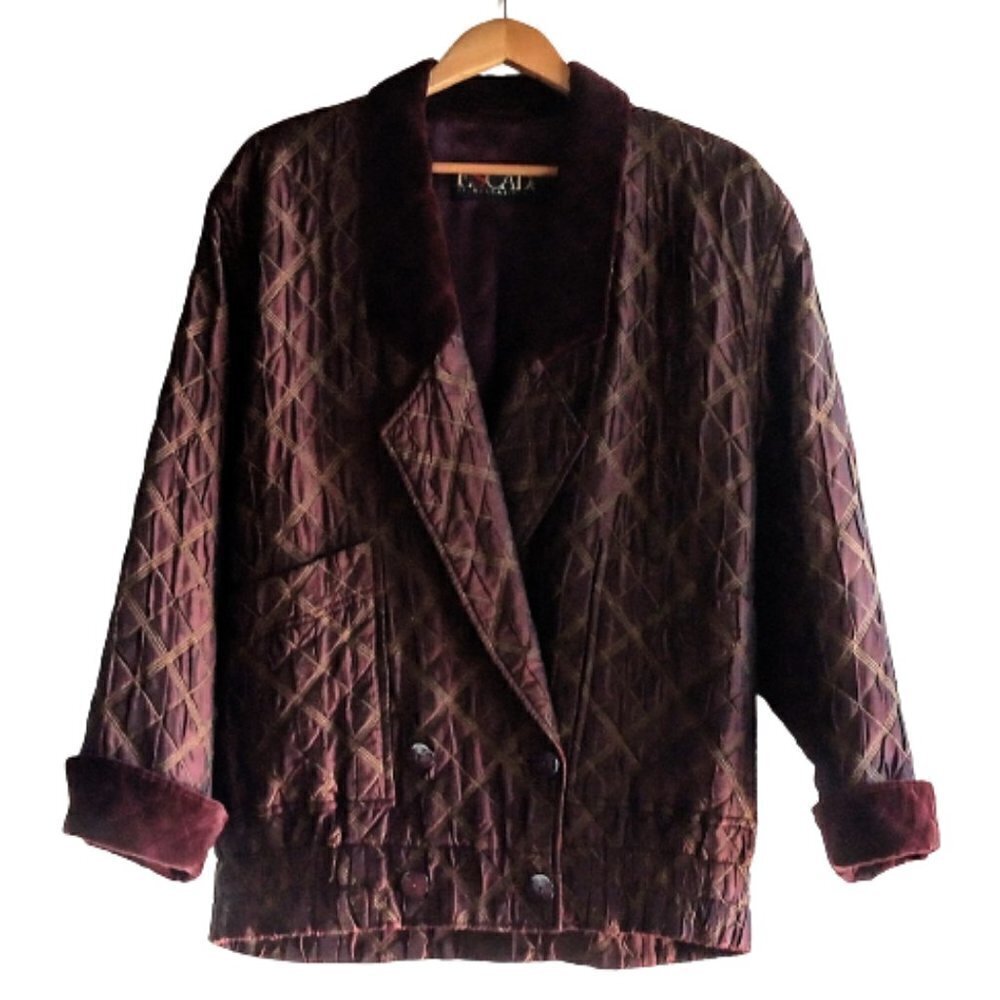 Vintage Burgundy Red Escada Silk Wool Cotton Velvet Quilted Jacket